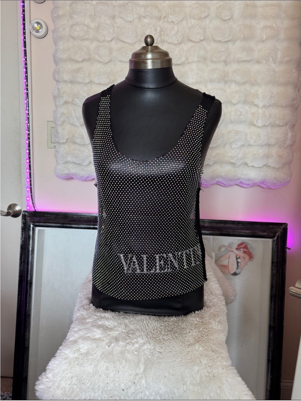 Faded rose Black Crystal-Embellished mesh Tank Top